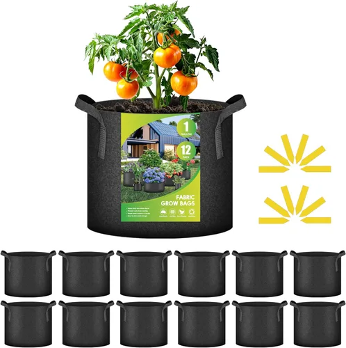 iPower Paquete de 12 bolsas de cultivo de 1 galón, macetas de tela no tejida de aireación gruesa resistente con asas de nailon y 12 etiquetas para