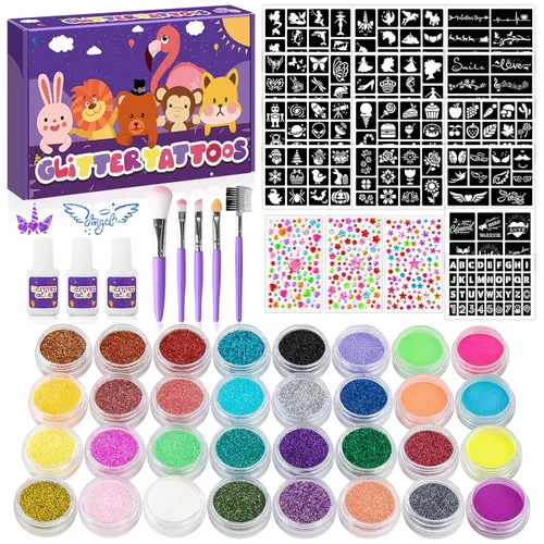 Tatuaje temporal con purpurina para niños, 26 colores de purpurina y 6 colores fluorescentes, 169 plantillas, 3 calcomanías de diamante, 3 32 Color