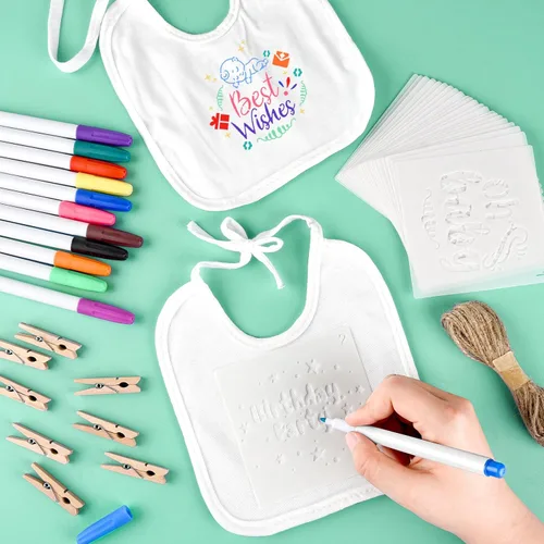 Miniatura 6 de BOUBONI Set de 55 piezas para decorar baberos de bebé DIY Incluye 10 baberos blancos 12 marcadores de tela 12 plantillas 20 pinzas para la ropa 1