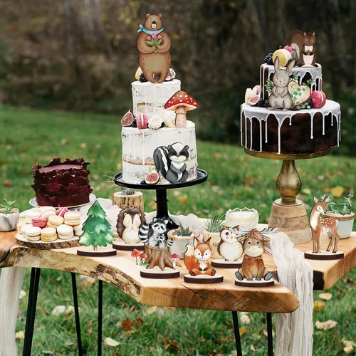 Miniatura 6 de Geetery 12 piezas de animales del bosque, formas de animales de madera recortadas, decoración pintada del bosque para baby shower, criaturas