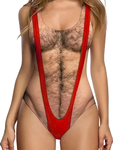 Miniatura 25 de uideazone Traje de baño divertido de las mujeres del pecho del cuerpo peludo impreso hippie trajes de baño traje de baño de una pieza Monokini