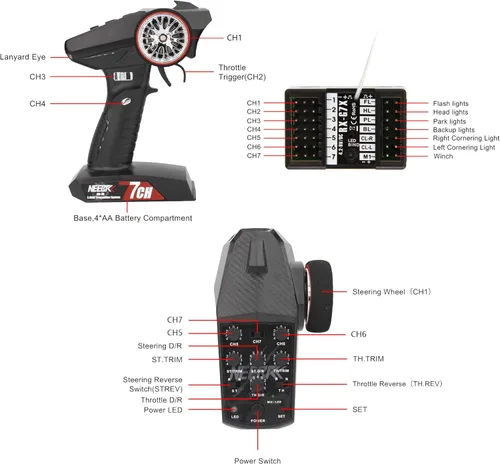 Miniatura 5 de Transmisor RC de 7 canales con receptor, sistema de control de luz integrado y juego de 12 luces LED, control remoto de radio de 2.4 GHz para auto a