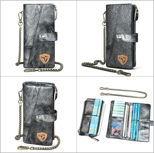 Miniatura 2 de Genuino caballo loco cuero viaje regalo moneda bolsillo tarjeta caso largo organizador cadena Rfid monedero con broche para hombres hombres 1803