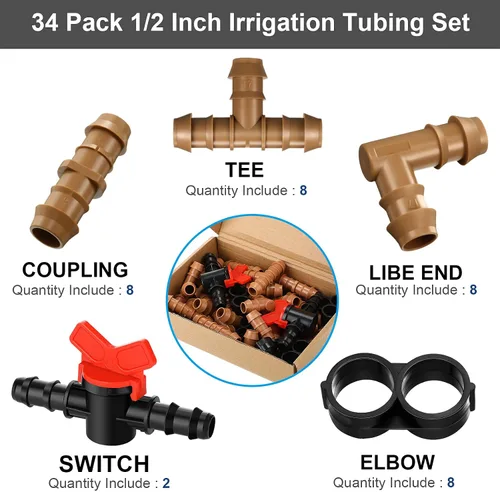 Miniatura 2 de Kit de accesorios de riego por goteo de 34 piezas, juego de tubos de 1/2 pulgada, 2 interruptores, 8 camisetas, 8 acoplamientos, 8 codos y 8 tapones