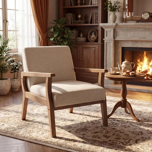 Miniatura 10 de Juego de 2 sillas decorativas beige, sillas modernas de mediados de siglo para sala de estar, dormitorio, sillón con marco de madera, silla auxiliar