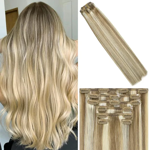 Miniatura 52 de WindTouch - Extensiones de cabello humano Remy con pinzas, color rubio decolorado combinado con balayage, para cabello rubio, 2.47 onzas, N.°