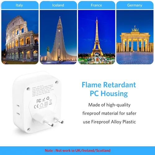 Miniatura 5 de [Paquete de 2] Adaptador de enchufe de viaje europeo, adaptador de enchufe internacional con USB C de 20 W, 4 tomas de corriente, 3 puertos de carga
