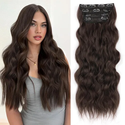 Miniatura 21 de ALXNAN Extensiones de cabello sintético largo y ondulado con clip, de 16 pulgadas, color negro natural, 4 piezas gruesas, fibra de doble trama