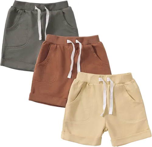 SOBOWO Pantalones cortos deportivos de verano para bebés niños y niñas, paquete de 3 unidades, pantalones deportivos de algodón sólido, pantalones