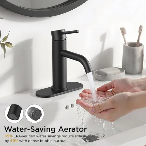 Miniatura 3 de FORIOUS - Grifos de baño negro mate de 1 agujero, grifo de lavabo de acero inoxidable con desagüe emergente de metal y manguera de suministro