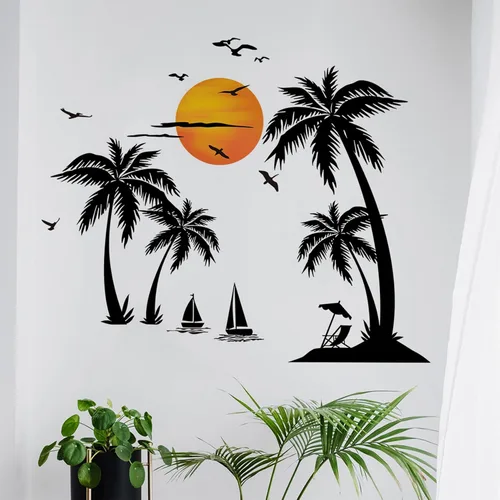Miniatura 6 de Calcomanías de pared grandes de palmera negra, calcomanías de pared de pájaros tropicales de cocotero, mural de bosque para dormitorio, sala