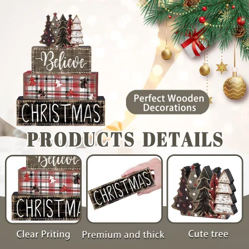 Miniatura 4 de DIYDEC 4 piezas de decoración de mesa de Navidad, árbol de Navidad, letrero de bloque de madera, decoración de bandeja escalonada de Navidad, pieza