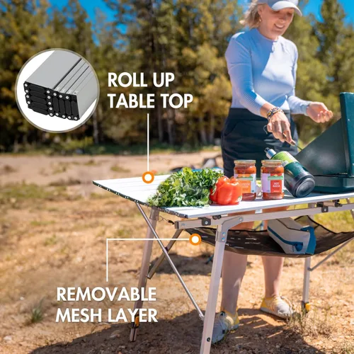 Miniatura 4 de PORTAL Mesa de Camping Portátil Plegable con Patas Ajustables, Mesa Plegable de Aluminio Enrollable con Bolsa de Transporte para Exteriores, Playa