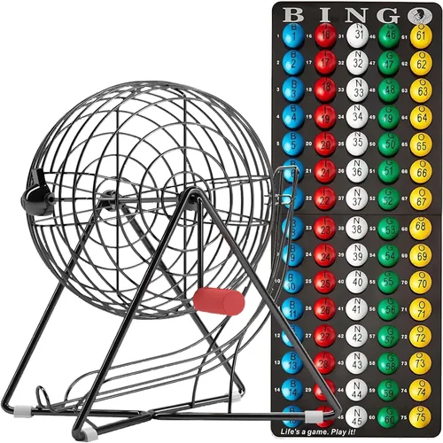 MR CHIPS Juego de bingo profesional de 11 pulgadas de alto con jaula de acero, bolas eternas de 7/8 pulgadas, tablero maestro para bolas, color 3