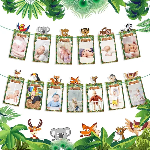 Miniatura 12 de Decoraciones de primer cumpleaños de dinosaurio, cartel de fotos de primer cumpleaños para bebés de recién nacido a 12 meses, decoraciones