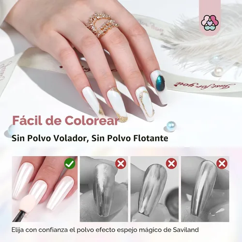 Miniatura 5 de SAVILAND Polvo de uñas cromado con perla blanca: 1 g de polvo de cromo con efecto espejo metálico, unicornio, iridiscente, nacarado, aurora