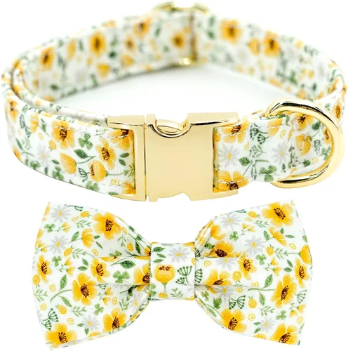 Tunkoo - Collar para perro floral con elegante moño de lazo, collar suave y cómodo de algodón ajustable, hebilla de metal premium para cachorros y