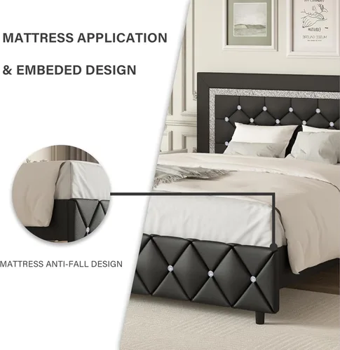Miniatura 5 de BarnFurin Base de cama y cabecero tamaño King, cama tapizada de piel sintética con diseño capitoné de diamante, base de cama de plataforma moderna