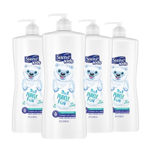 Suave Kids Champú Acondicionador Gel de Baño 3 en 1 Purely Fun Hace que la Hora del Baño sea Rápida y Fácil, Sin Parabenos y Probado por
