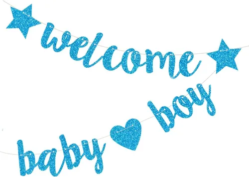 Decoraciones de baby shower para niños, pancarta de bienvenida con purpurina, banderines colgantes para fiesta de cumpleaños de recién nacidos, Azul