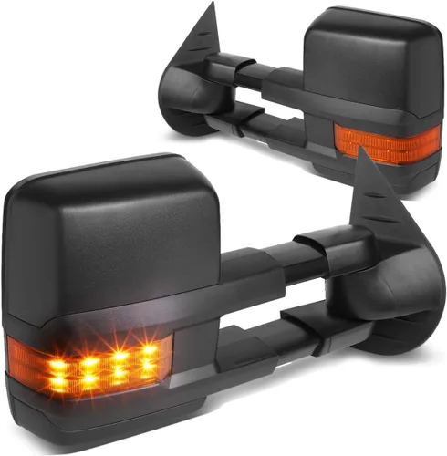 DNA Motoring TWM-028-T888-BK-AM Espejos de remolque alimentados + calor + señal de giro ámbar compatibles con Silverado/Suburban/Avalanche/Tahoe,