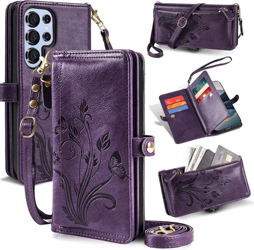 Funda tipo cartera cruzada para Galaxy S24 Ultra, [protección contra escaneo de robo de tarjetas] tarjetero con cremallera y tapa de piel, soporte