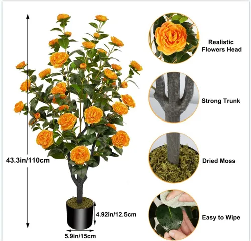 Miniatura 2 de Árbol artificial de 43.3 pulgadas / 3.6 pies con flores de camelia, árbol de otoño falso con 32 flores florecientes, árbol naranja para otoño