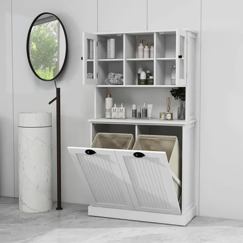 Cesto de Ropa Sucia Alto con Puertas Dobles Abatibles, Gabinetes Grandes de Almacenamiento Extraíbles para Cuarto de Lavado, Gabinete de Baño con