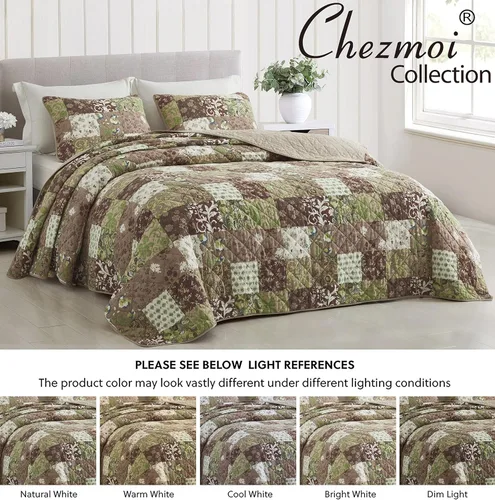 Miniatura 7 de Chezmoi Collection Leilani - Juego de edredón de algodón lavado bohemio de 3 piezas, tamaño Queen, ropa de cama acolchada bohemia marrón, gris topo