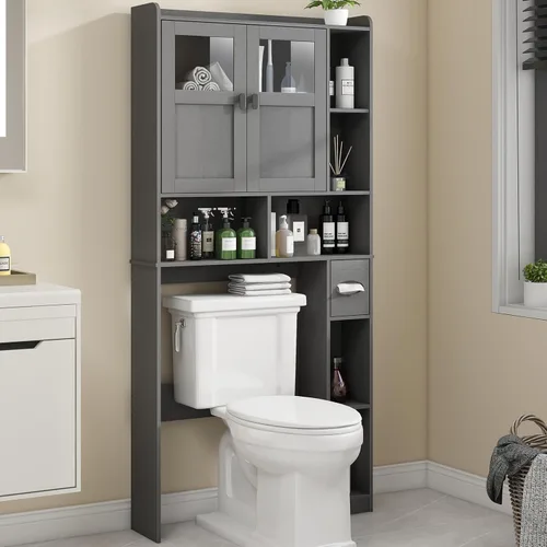 Miniatura 21 de Vabches Armario de almacenamiento sobre el inodoro con puertas dobles, soporte para papel higiénico y estante ajustable, ahorro de espacio Gris