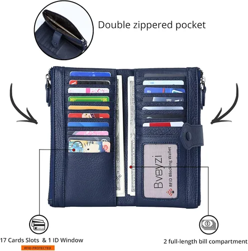 Miniatura 2 de Bveyzi Carteras delgadas de cuero suave para mujer, con bloqueo RFID, doble bolsillo con cremallera