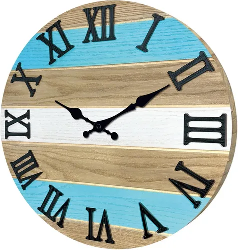 Miniatura 7 de Reloj de pared de madera maciza azul para sala de estar, estilo granja, reloj de pared redondo de 12 pulgadas, funciona con pilas, silencioso