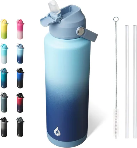 Miniatura 12 de BJPKPK - Botella de agua aislada con tapa de popote, 532 ml Botellas termo con boquilla suave, asa flexible y base antideslizante, libre de BPA, a