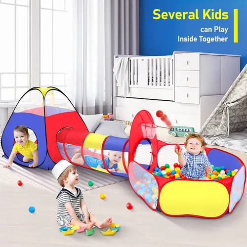 Miniatura 2 de PigPigPen Tienda de campaña 3 en 1 para niños con túnel de juego, pozo de bolas, aro de baloncesto para niños y niñas, juguete de casa