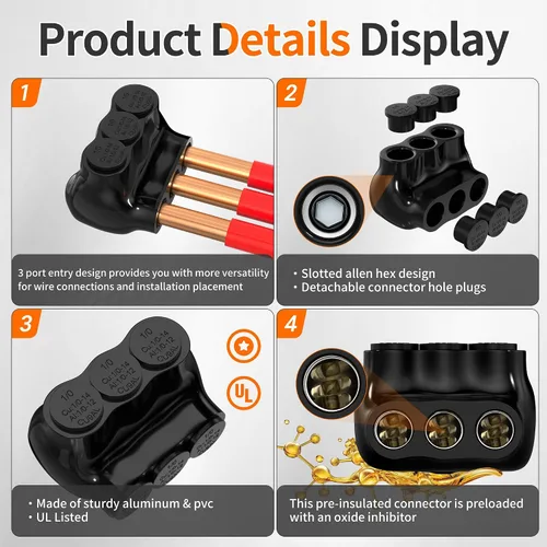 Miniatura 3 de Joinfworld Conector multigrifo aislado de 3 puertos 1/0-14AWG de aluminio a cobre, conectores de aluminio de entrada de un solo lado con hexagonal