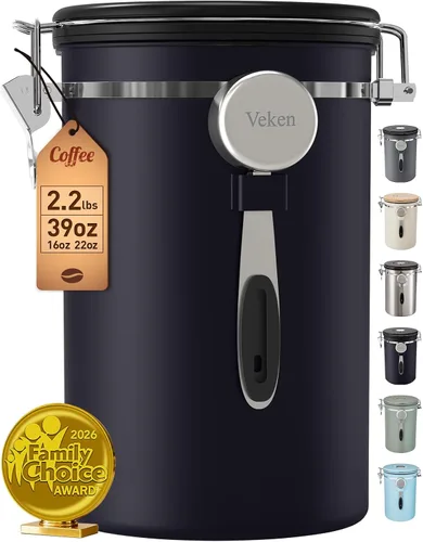 Miniatura 17 de Veken - Recipiente hermético para café de acero inoxidable, contenedor de almacenamiento de alimentos para la cocina con registro de fecha y cuchara