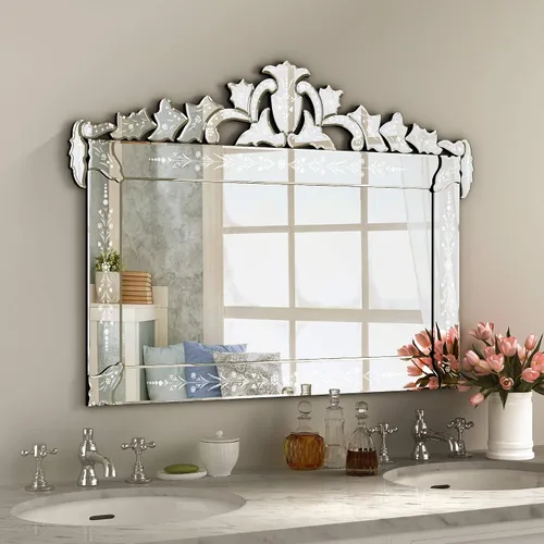 Miniatura 8 de KOHROS Espejo Ovalado para Baño de 42" x 24" Espejo Veneciano con Corona Superior Floral Grabada Sin Marco Espejo Decorativo de Pared para Tocador