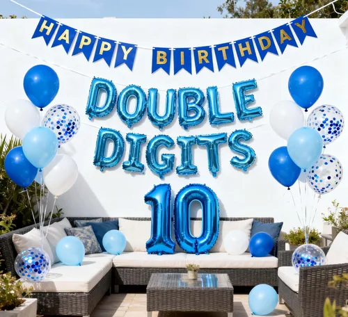 Miniatura 9 de Decoraciones de cumpleaños número 10 para niños, decoración negra de papel de aluminio de doble dígito, pancarta negra número 10 con globos