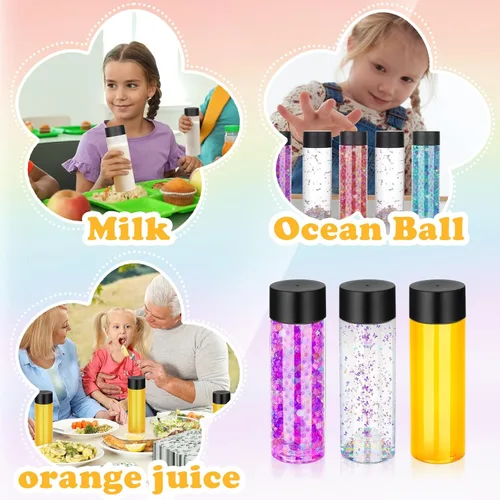 Miniatura 7 de DI QIU REN Paquete de 16 botellas de plástico transparente, botellas sensoriales vacías con tapas, botellas de jugo reutilizables, recipientes