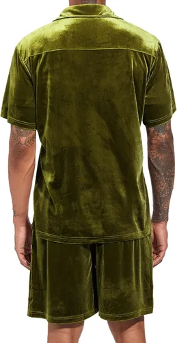 Miniatura 38 de LecGee Conjunto de pantalones cortos casuales de verano para hombre, camisa de terciopelo de manga corta con botones, pantalones cortos de cintura