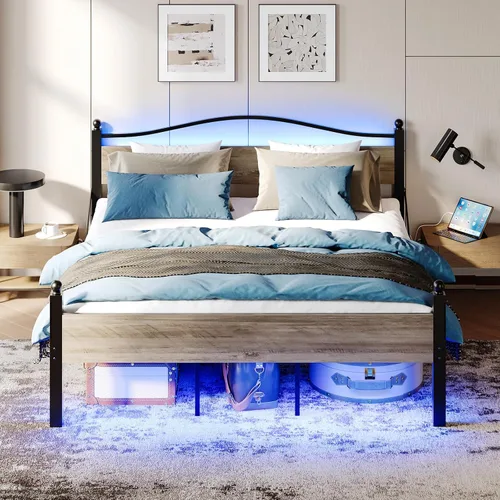 Miniatura 3 de Pinmoco Base de cama tamaño King con cabecero y estribo, cama de plataforma de metal resistente con espacio de almacenamiento debajo de la cama
