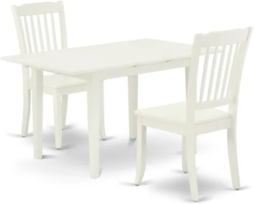 East West Furniture NODA3-LWH-W - Juego de mesa de cocina de 3 piezas para espacios pequeños contiene una mesa de comedor rectangular con hoja de