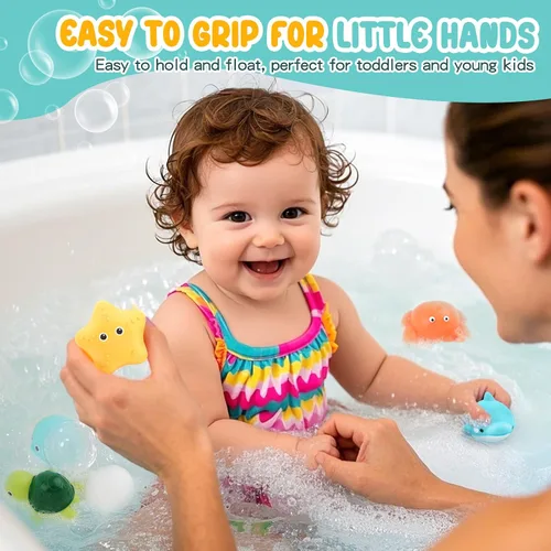 Miniatura 4 de Juguetes de baño, paquete de 6 juguetes de bañera para bebé, sin agujeros, suaves, apretables y flotan en el agua, juguetes de baño de fácil agarre