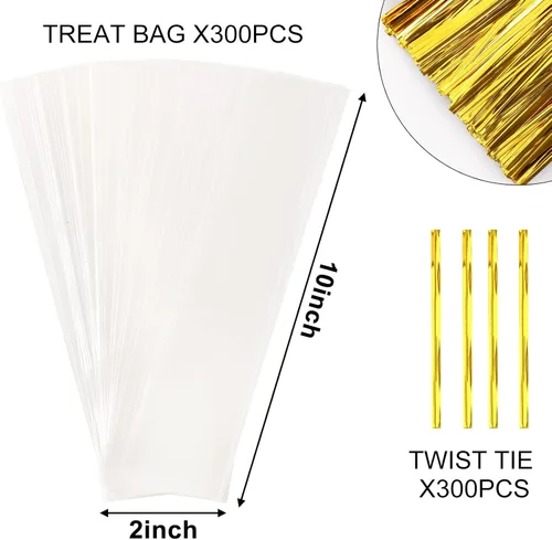 Miniatura 2 de Augshy Bolsas para barra de pretzel, 300 unidades, 2 x 10 bolsas de pretzel, bolsa individual transparente con lazos para piruletas, dulces