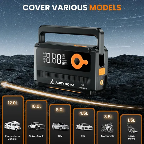 Miniatura 5 de Arrancador de batería de coche 9 en 1 6000A con compresor de aire 26800mAh, caja de salto portátil de 150PSI 12V con inflador de neumáticos