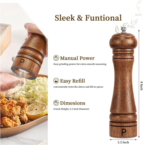 Miniatura 3 de Juego de molinillos de sal y pimienta de madera, molinos de sal y pimienta recargables ajustables para grosor, hechos de madera de roble maciza