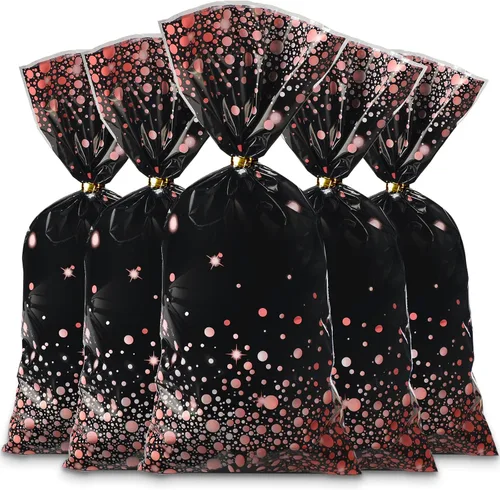 Miniatura 8 de 100 bolsas de celofán de color negro y oro rosa de 10.8 x 5 pulgadas, bolsas de plástico para fiestas, bolsas de dulces con 100 lazos dorados