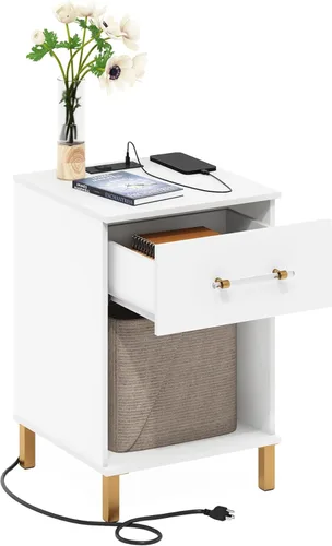 Miniatura 25 de Furinno JUST - Mesa auxiliar moderna de 3 niveles con estación de carga, mesita de noche de fácil montaje, mesita de noche con puerto USB y tipo C