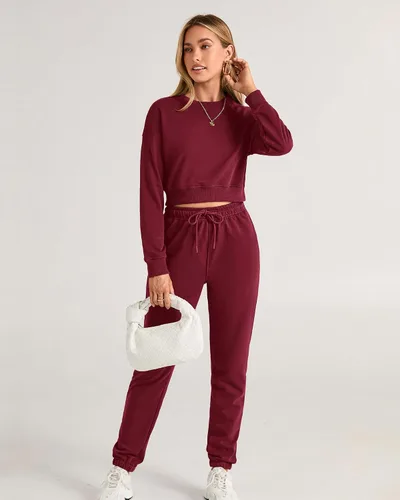 Miniatura 53 de BTFBM Conjunto deportivo de 2 piezas para mujer, camiseta corta de manga larga, sin botones, pantalón con cordón ajustable, pantalones deportivos