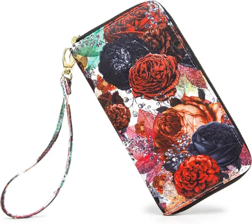 Miniatura 84 de Cartera de mano para mujer, estilo bohemio, con RFID, elegante, espaciosa con correa para viajes, capacidad para tarjetas, teléfono, dinero
